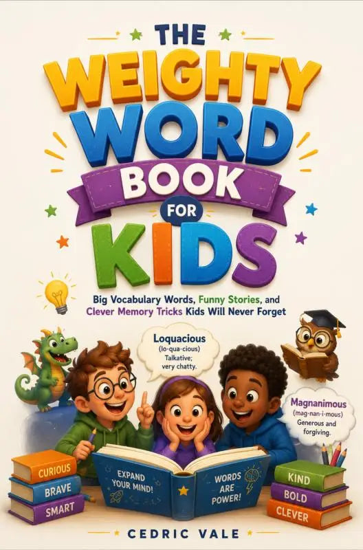 The weighty word book for kids is a colorful educational book with big vocabulary words in bold yellow and blue lettering