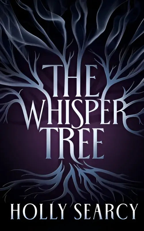 The whisper tree boekomslag met een gestileerde boom met blauw gloeiende takken en wortels op een paarsachtige achtergrond