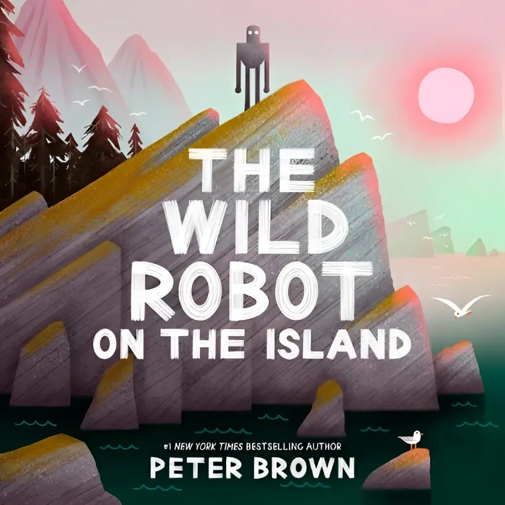 De wild robot op het eiland boekomslag toont een gestileerde robot op een rots met zachte roze en groene lucht in deze gorgeous picture book