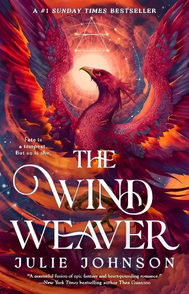 The wind weaver boek met een roodgouden feniks met uitgestrekte vleugels tegen een kosmische achtergrond