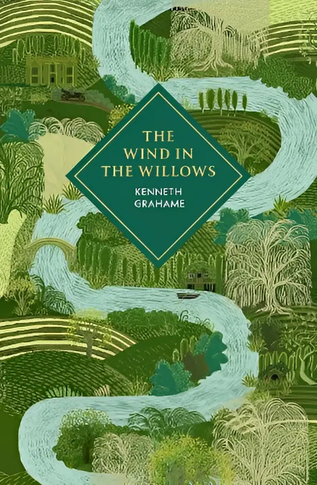 The wind in the willows book cover by kenneth grahame features a green diamond label with gold lettering and a river landscape
