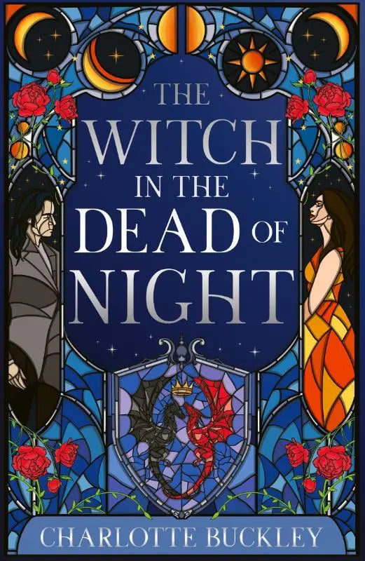 Cover van the witch in the dead of night met een glas-in-lood ontwerp en twee personages bij een schild met rode en zwarte draken