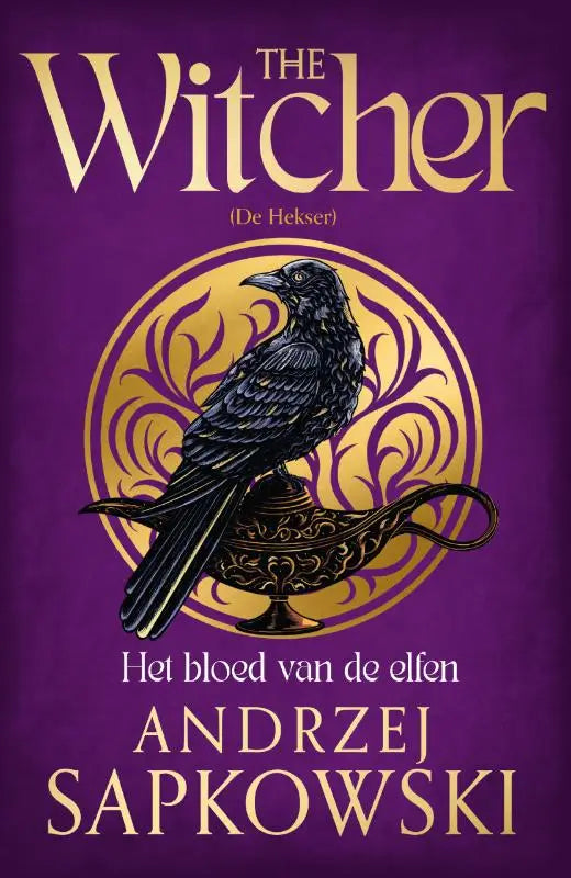 Paars boekcover van the witcher het bloed van de elfen met een zwarte kraai op een gouden lamp