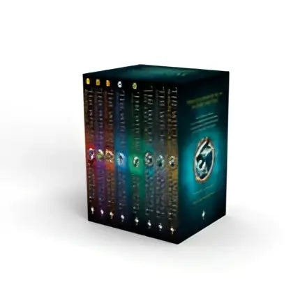 The witcher boxed set by andrzej sapkowski with a sleek dark teal cover and silver celestial designs not everything