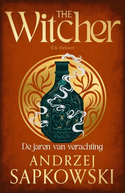 Een donker teal, ingewikkeld gegraveerde glazen fles met witte damp, gepresenteerd in the witcher de jaren van verachting