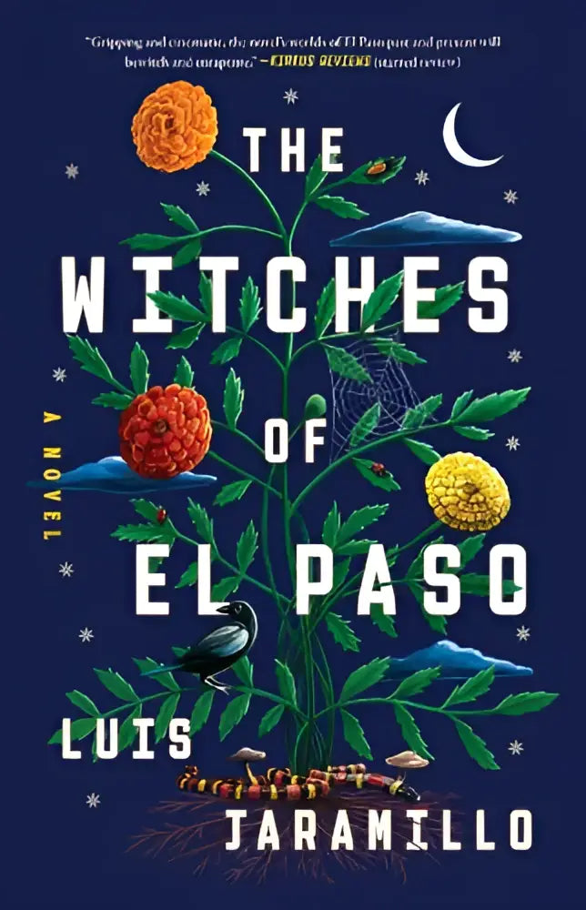 De witches of el paso novel met een levendige plantillustratie met groene bladeren en oranje-rode bloemen op blauw