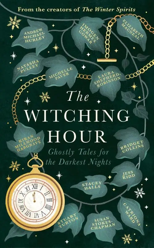 A golden pocket watch with roman numerals among green leaves and gold chains on the witching hour book cover