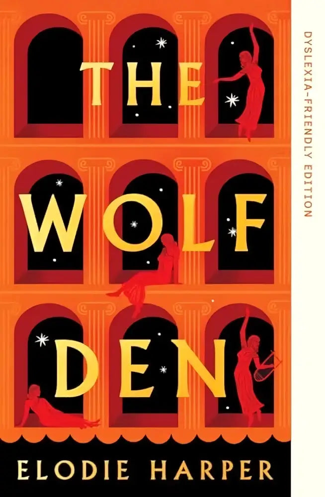 The wolf den dyslexia-friendly edition vibrant orange book cover with bold yellow lettering and red dancing silhouettes