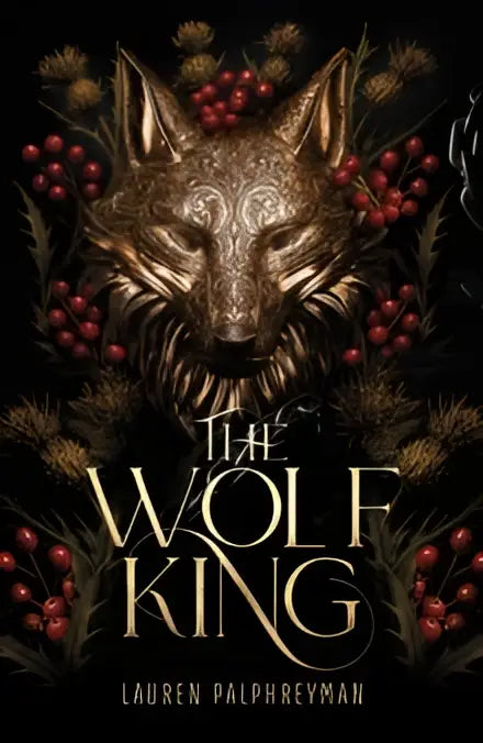 The wolf king boekcover met een gedetailleerd gouden wolvenmasker en rode bessen, thema the night prince