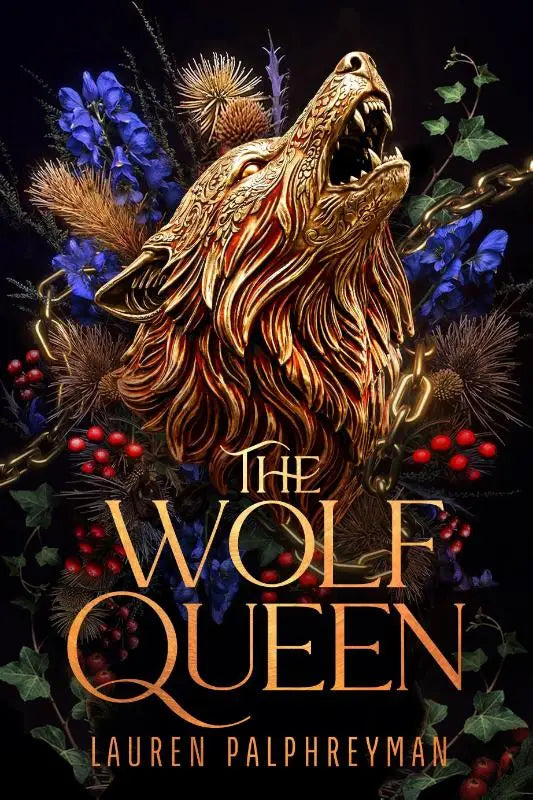Golden intricately engraved wolf head pendant with flowing mane open jaws blue flowers thistles red berries and chains the wolf queen