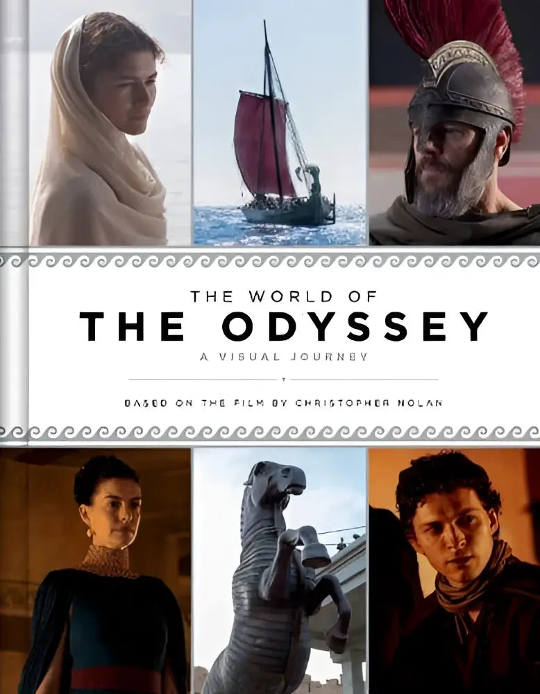 Boekcover van the world of the odyssey a visual journey met centrale titel en zilveren versieringen en filmkarakters