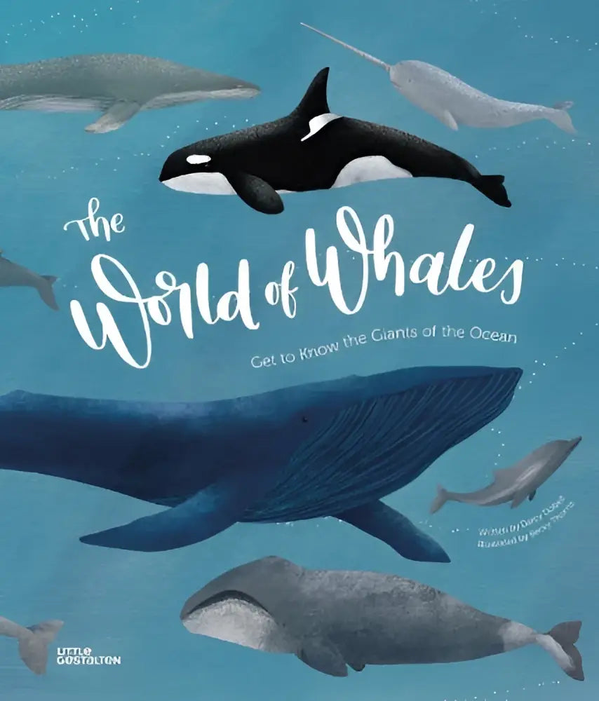 The world of whales children’s book cover with vibrant blue whales including orca and narwhal to get to know giants