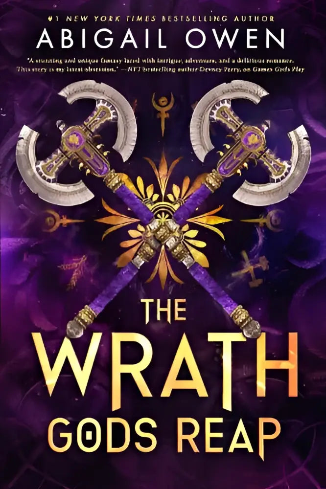 The wrath gods reap boekcover met twee zilveren en paarse bijlen met gouden versieringen gekruist