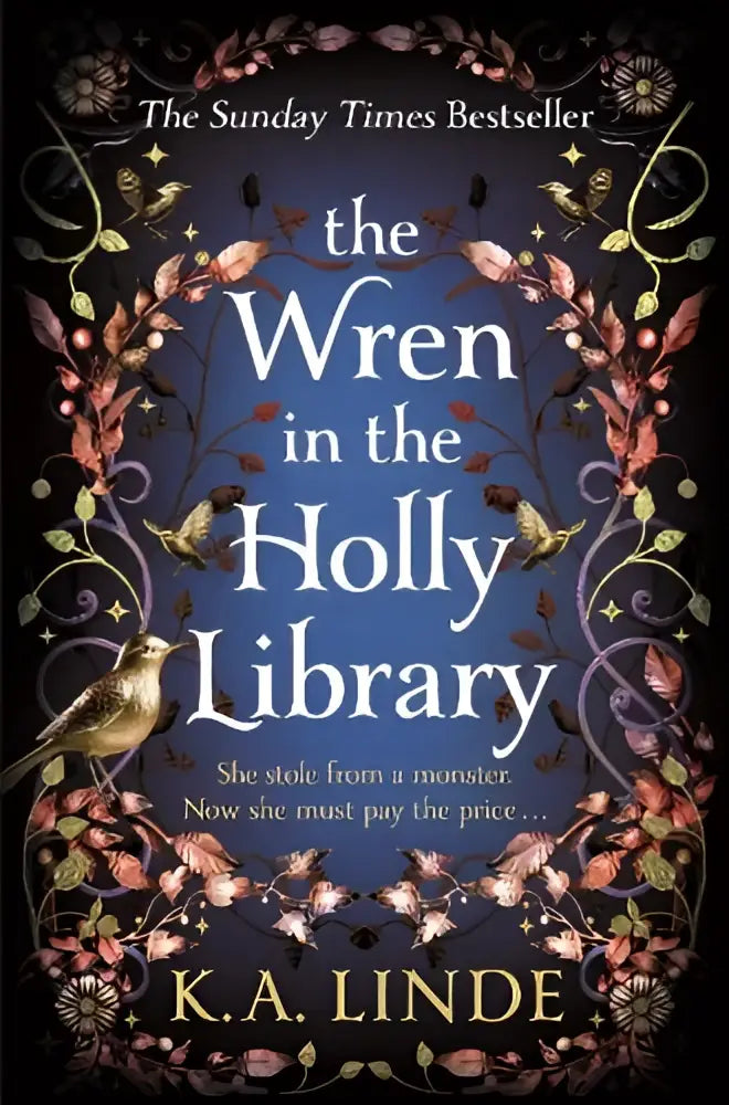 De wren in de holly library is een donkerblauw boek met gouden accenten en gedetailleerde vogel- en bloemillustraties