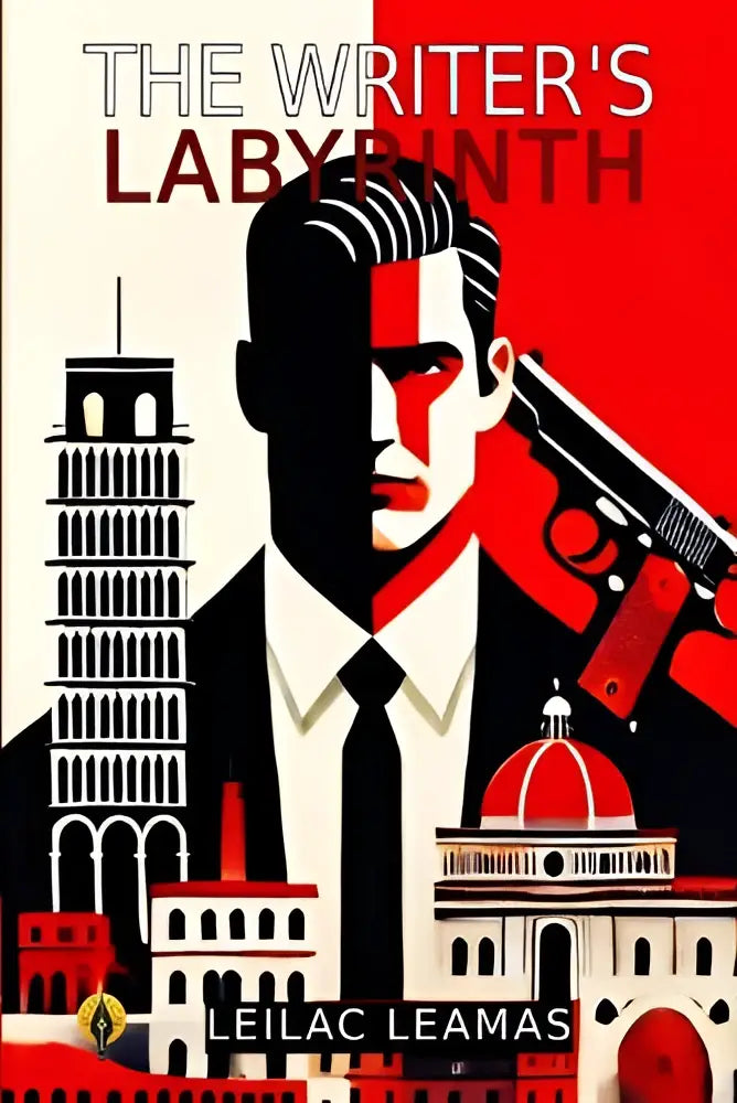 De writer’s labyrinth boekcover toont een zwart-wit illustratie van een man met een pistool en rode accenten voor iconische gebouwen