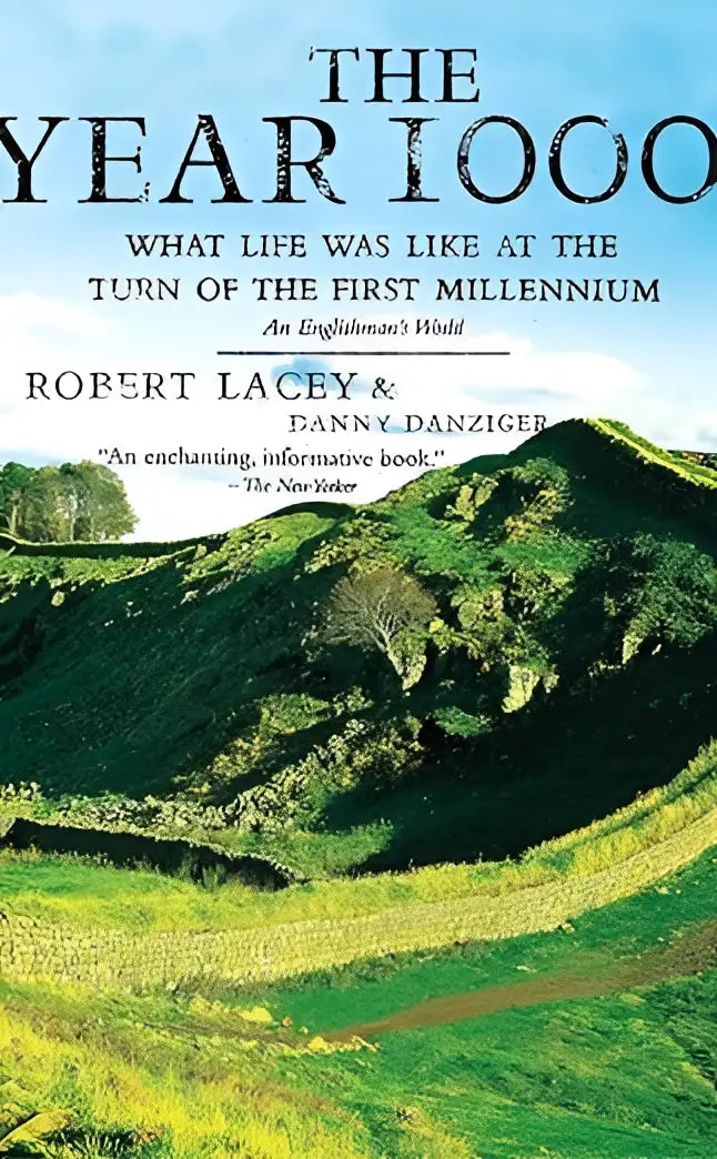 The year 1000 boek van robert lacey en danny danziger met een groene heuvel en blauwe lucht op de omslag