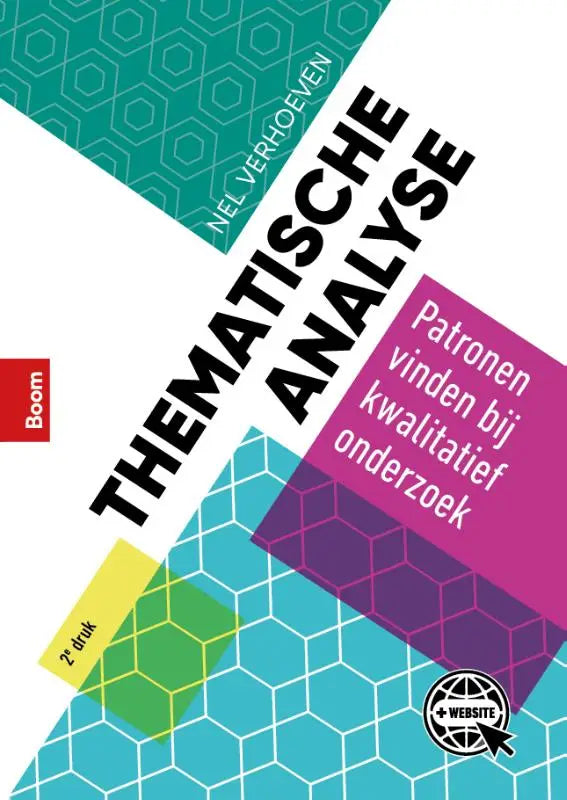 De boekcover van thematische analyse door nel verhoeven toont zwarte tekst op een kleurrijke geometrische achtergrond van koninklijke boom uitgevers