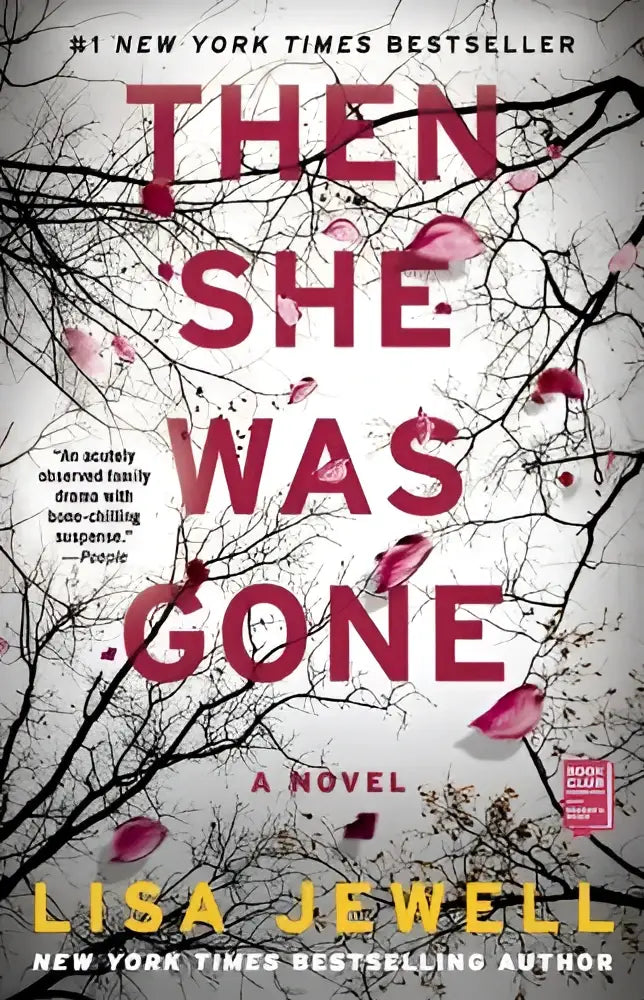 Het boek then she was gone heeft een witte omslag met roze titel en kersenbloesem op kale takken