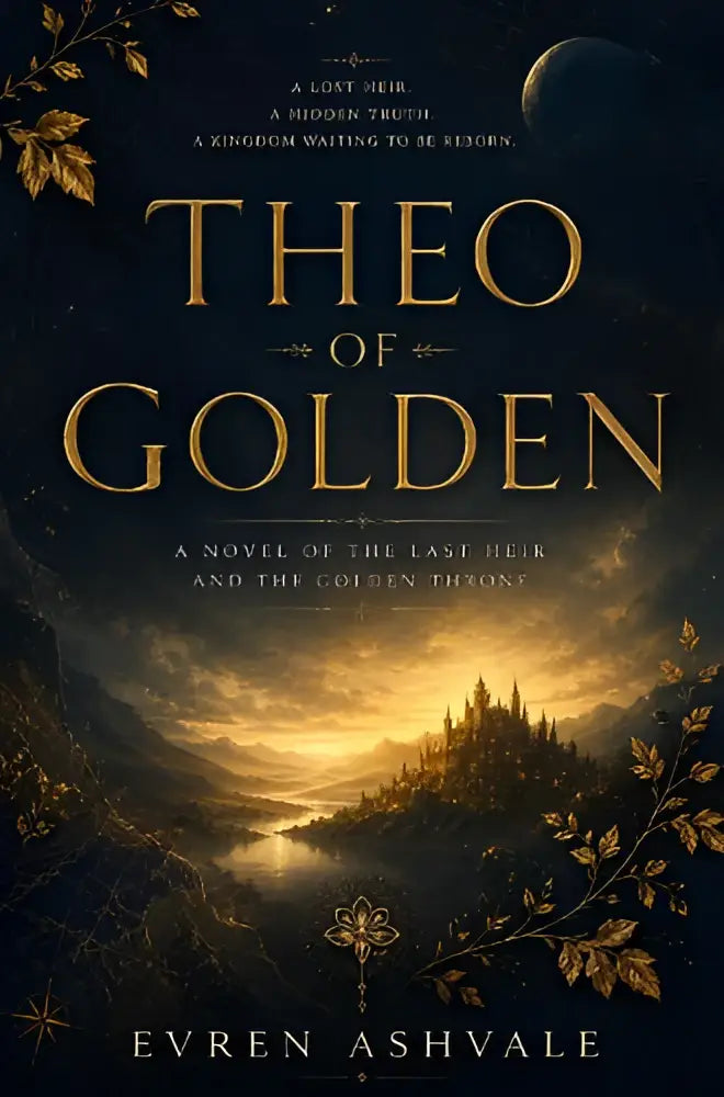 De boekomslag van theo of golden toont goudkleurige letters tegen een donkere fantasielandschap met gouden bladeren en een kasteel, passend bij het thema van de heir and the golden throne novel