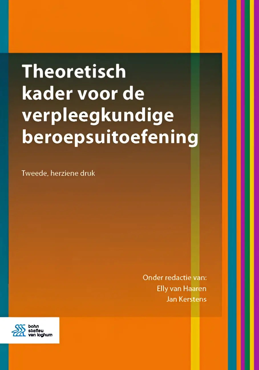 Oranje boekcover met verticale strepen in blauw groen geel en paars voor theoretisch kader verpleegkundige beroepsuitoefening bsl media