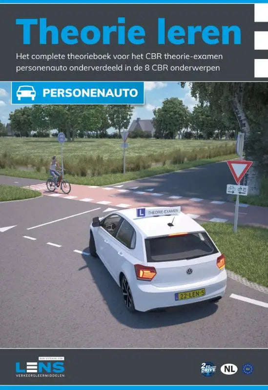 Witte volkswagen hatchback met theorie examen bord en nederlandse kenteken 27-len-5 voor theorie leren personenauto