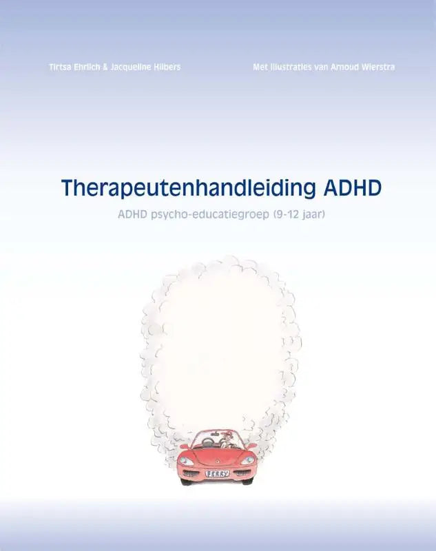 Illustratie van een rode cabriolet met cartoon bestuurder en passagier voor therapeutenhandleiding adhd van jacqueline hilbers en tirtsa ehrlich voor adhd psycho-educatiegroep