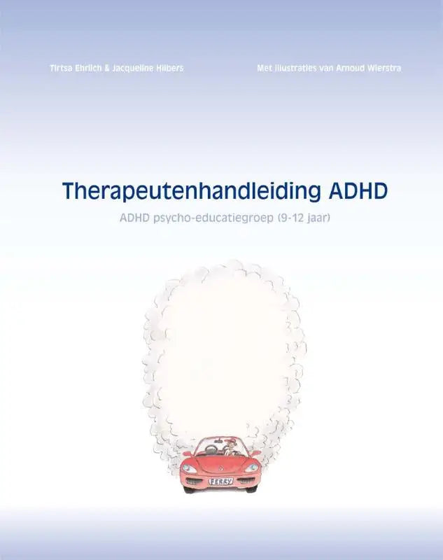 Een rode cabriolet met twee figuren in een cartoonstijl die uit een witte rookachtige ovale vorm komt for adhd psycho-educatiegroep
