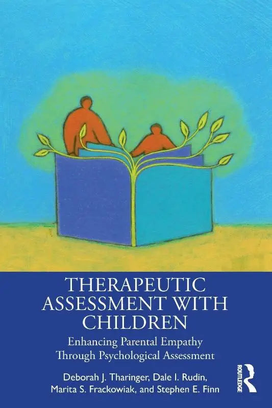 Blauw hardcoverboek therapeutische beoordeling met illustratie van twee oranje figuren en groene bladeren ter versterking van empathie door psychologische beoordeling
