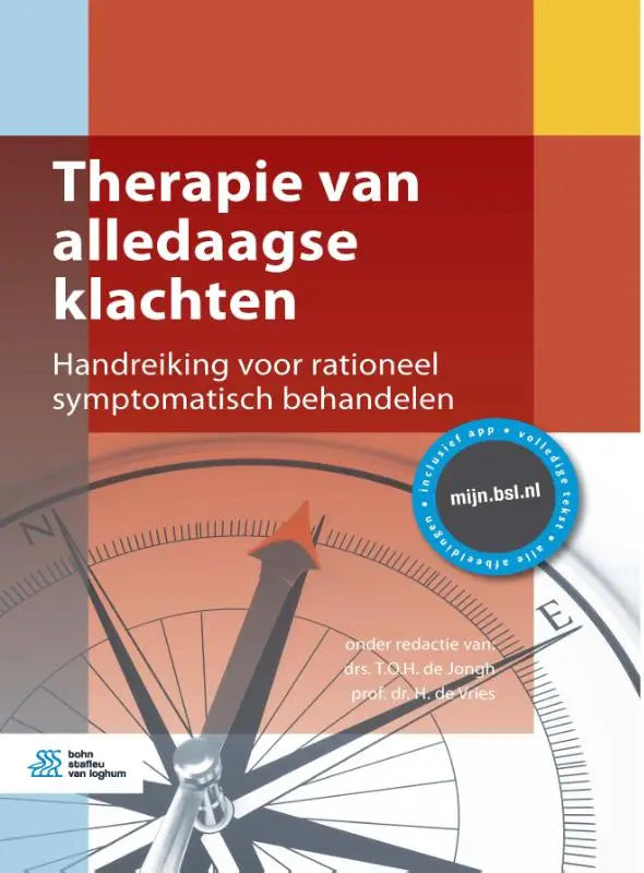 Rode en oranje boekcover met kompasontwerp en titel therapie van alledaagse klachten van bsl media medische handboeken