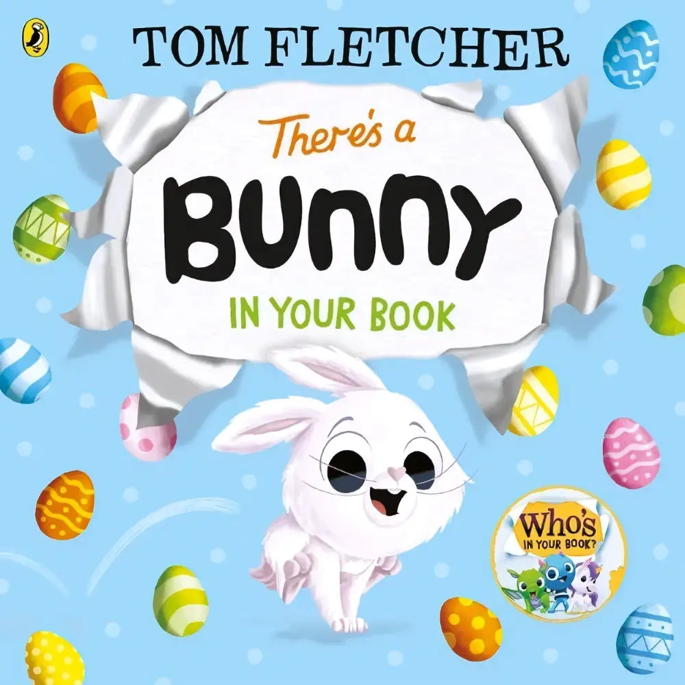 Een vrolijk wit konijn met zwarte ogen op de cover van tom fletchers kinderboek there’s a bunny in your book