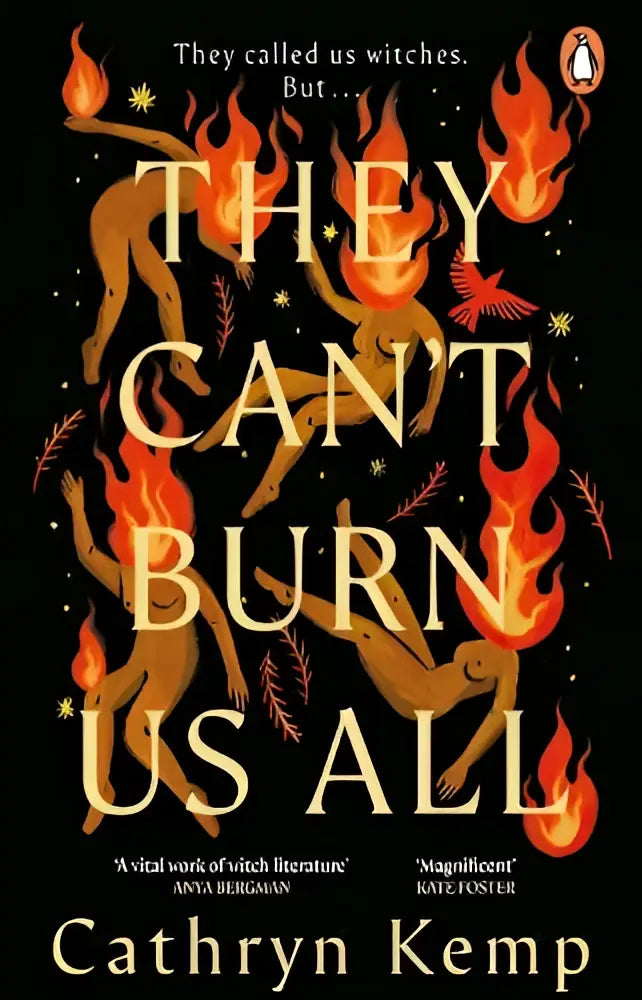 De boekomslag van they can’t burn us all toont de titel in gouden letters op een zwarte achtergrond met vurige illustraties