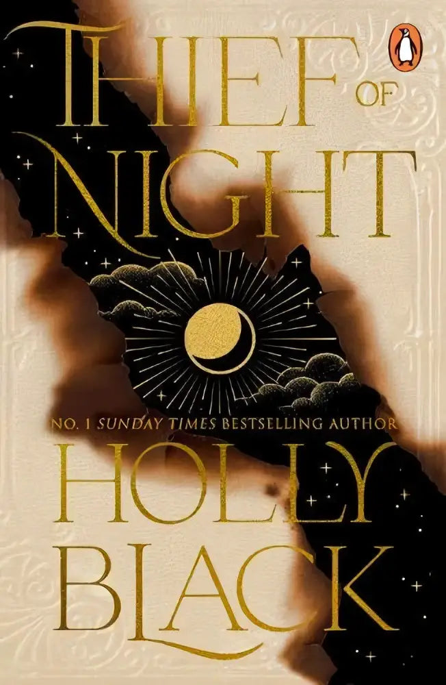 De boekcover van thief of night door holly black toont gouden letters en een maansikkel illustratie met vrouwelijke detectives