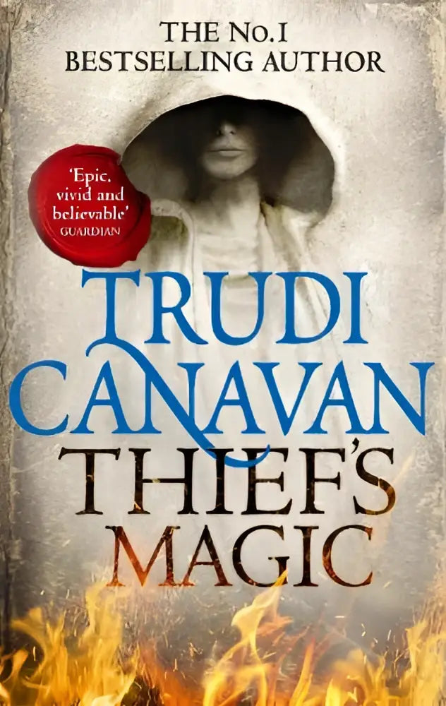 De cover van het boek thiefs magic toont een vrouw met een hoed en vurige oranje vlammen, de bestselling fantasy adventure
