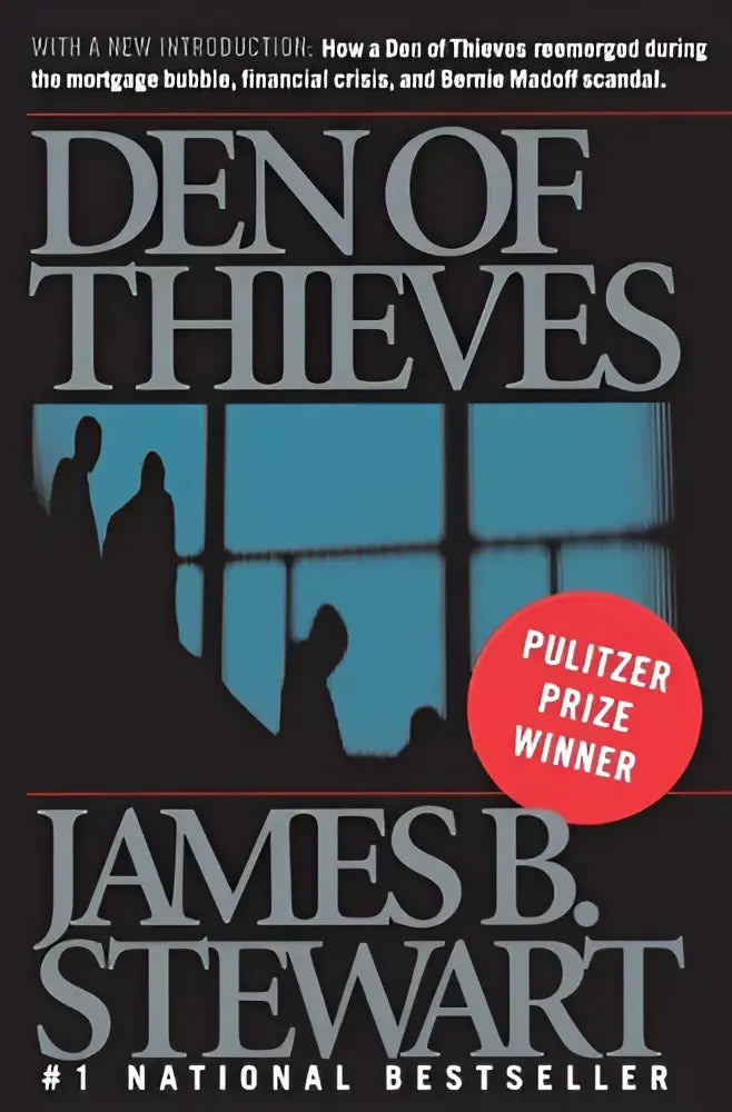 Zwarte boekomslag den of thieves met blauwe silhouetillustratie en rode pulitzerprijs badge
