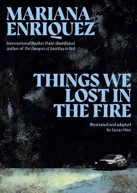 Het boekomslag van things we lost in the fire door mariana enriquez toont vier graphic stories met een donkere nachtelijke illustratie van een auto op de weg
