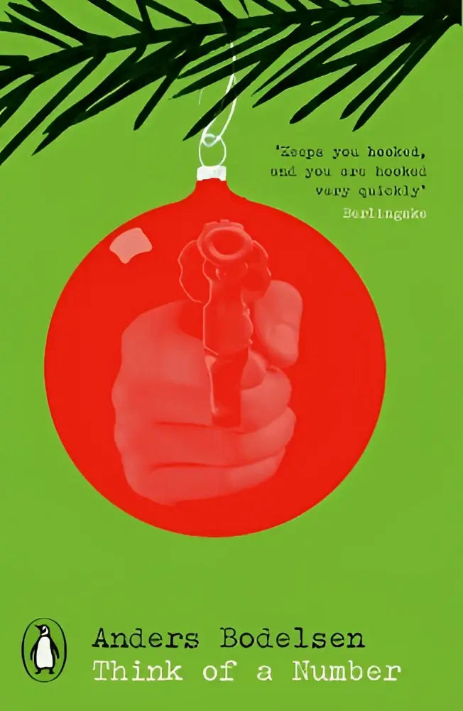 Rode bolvormige kerstbal met doorschijnend ontwerp van hand met pistool en penguin books ltd think of a number