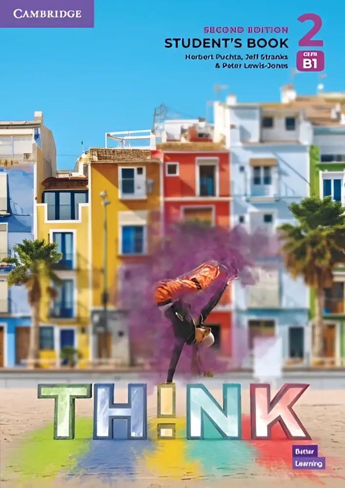 Think second edition book british english for b1 level featuring a vibrant street scene and purple spray effect