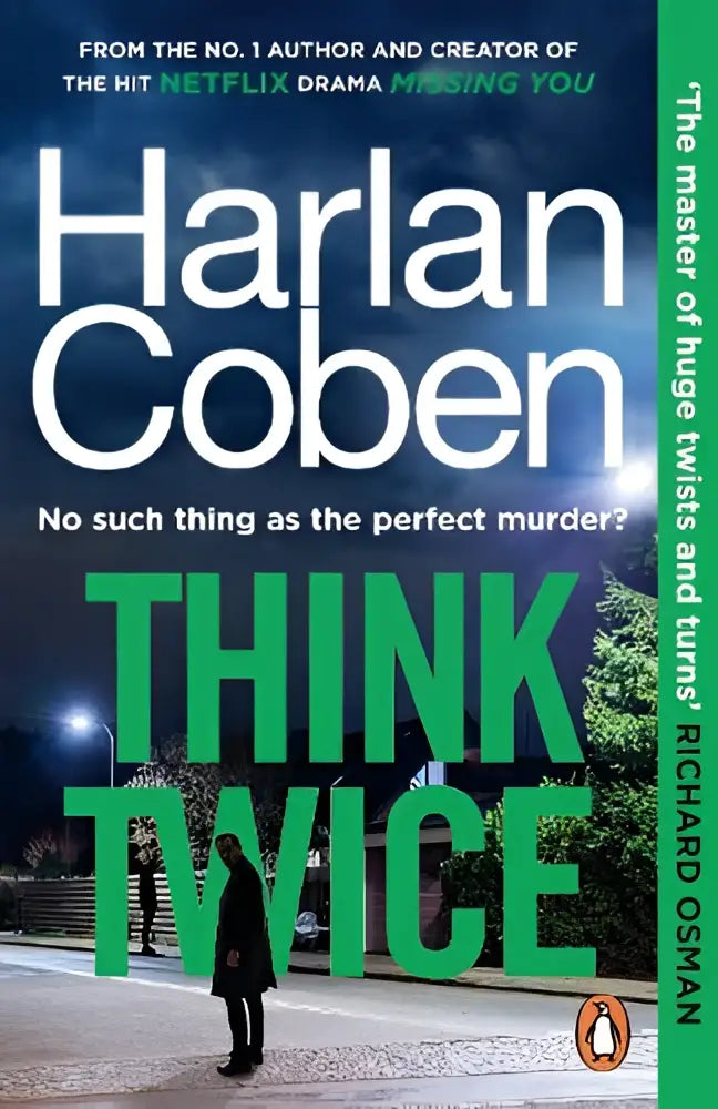 De boekomslag van think twice toont de titel in groene letters en auteur harlan coben bovenaan prominent weergegeven