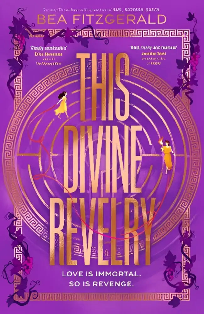 Paarse boekomslag met gouden letters en geometrische patronen voor this divine revelry van bea fitzgerald