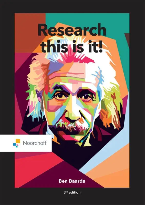 Vibrante popart portret van Albert Einstein op de omslag van research this is it van Ben Baarda, 3e editie