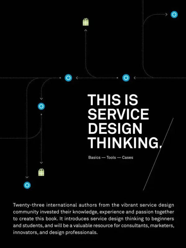 Zwarte boekomslag met witte tekst over service design thinking en lichtblauwe minimalistische grafische elementen