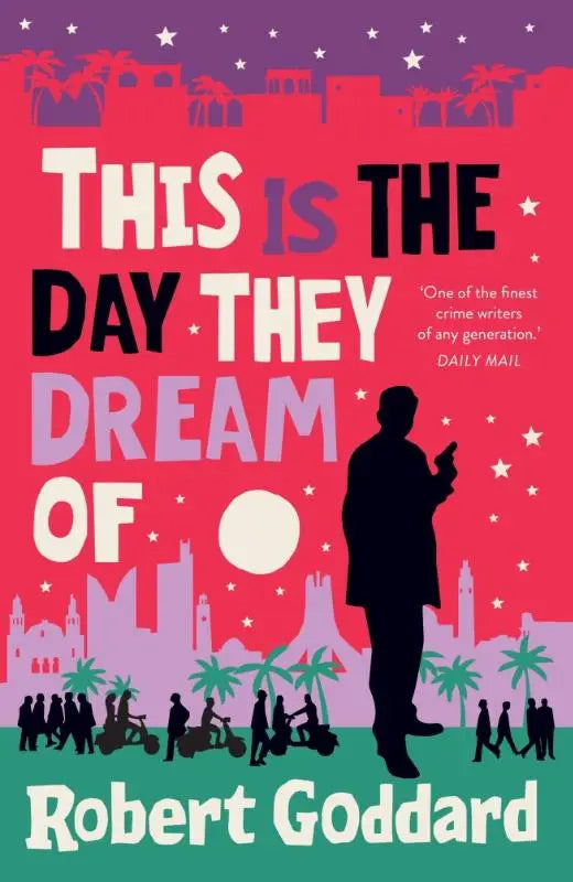 Boekcover voor the day they met with levendige roze en paarse kleuren en man met pistool silhouet tegen stadspanoram