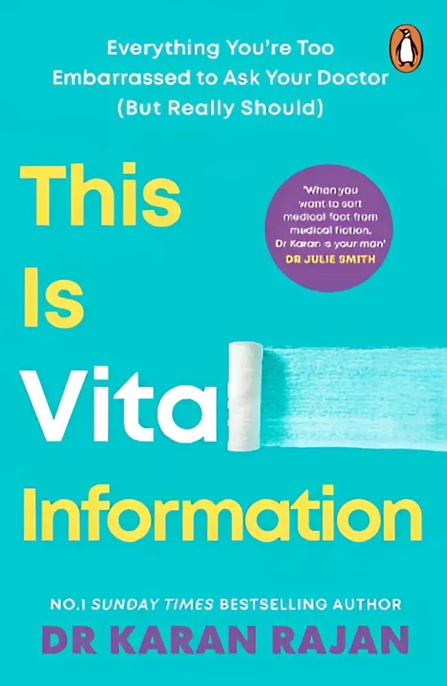 Vibrant turquoise hardcover book this is vital information by dr karan rajan focusing on essential health insights