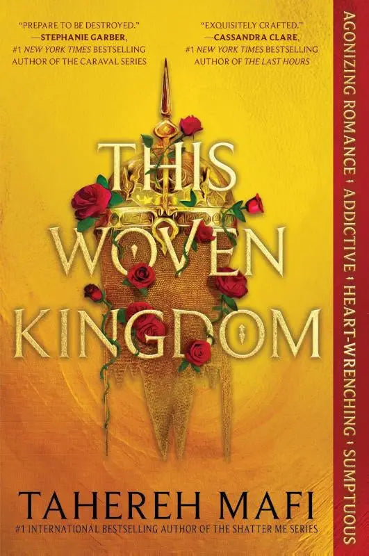 This woven kingdom boekomslag met gouden versierde structuur en rode rozen op warme gele achtergrond