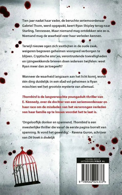Rode en zwarte metalen vogelkooi thornbird met kleine gestileerde kooi deur geschikt voor jonge lezers nederlandstalig paperback