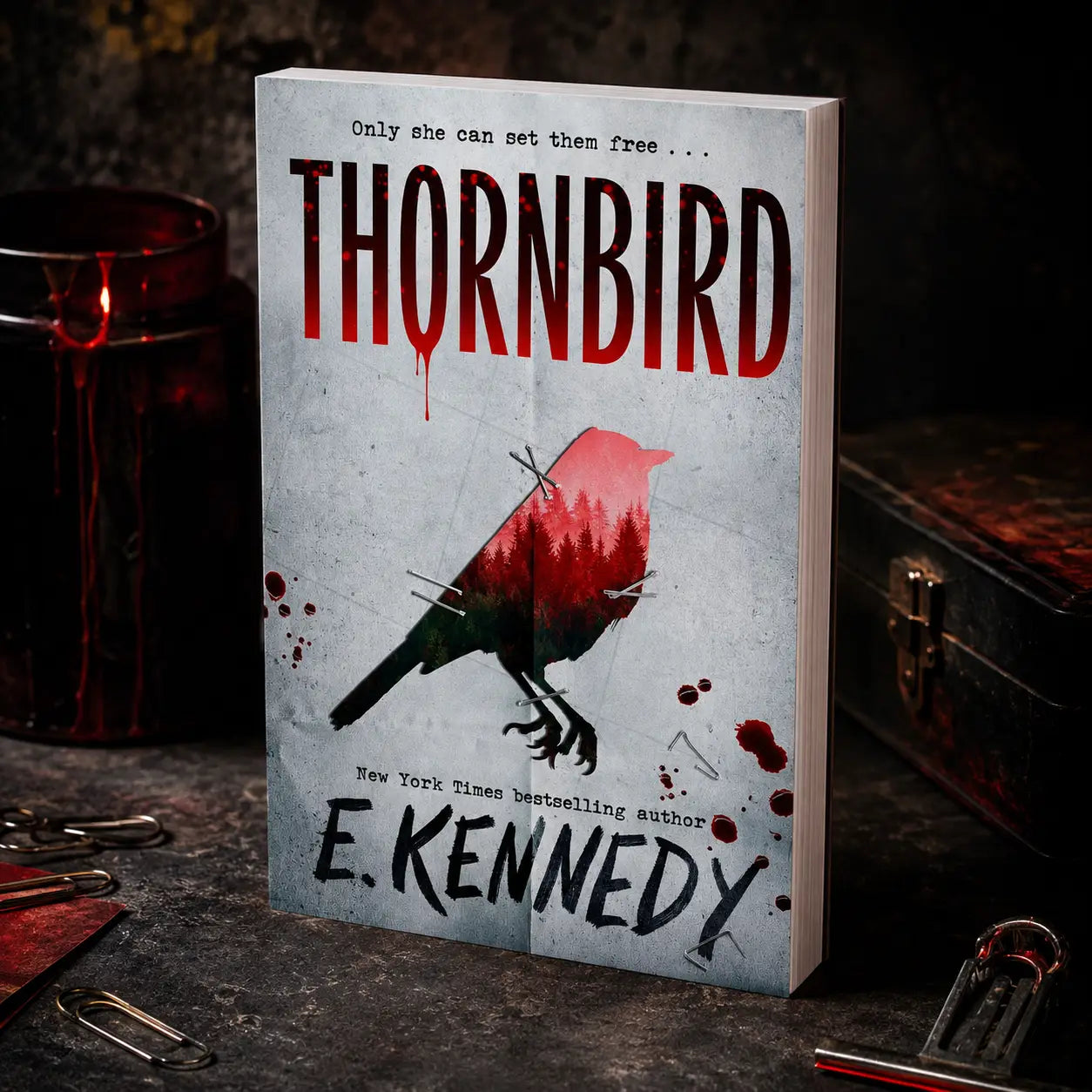 Thornbird young adult paperback book by Holly Jackson with distressed gray cover, red dripping title, and bird silhouette