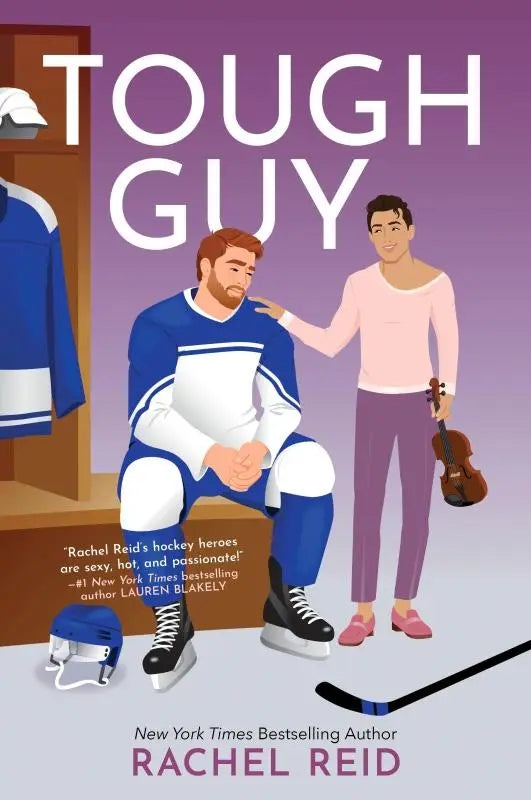 Blauw-wit hockeyster met zwarte veters gedragen door zittende man op tough guy cover van rachel reid laat zien tough guy