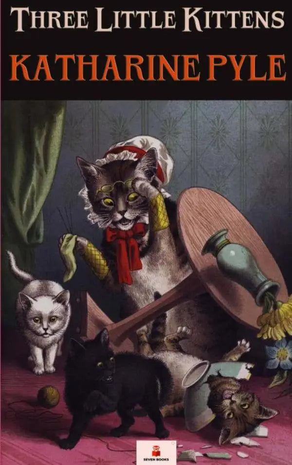 De boekcover van three little kittens toont een speelse illustratie van drie kittens in een vintage kamer
