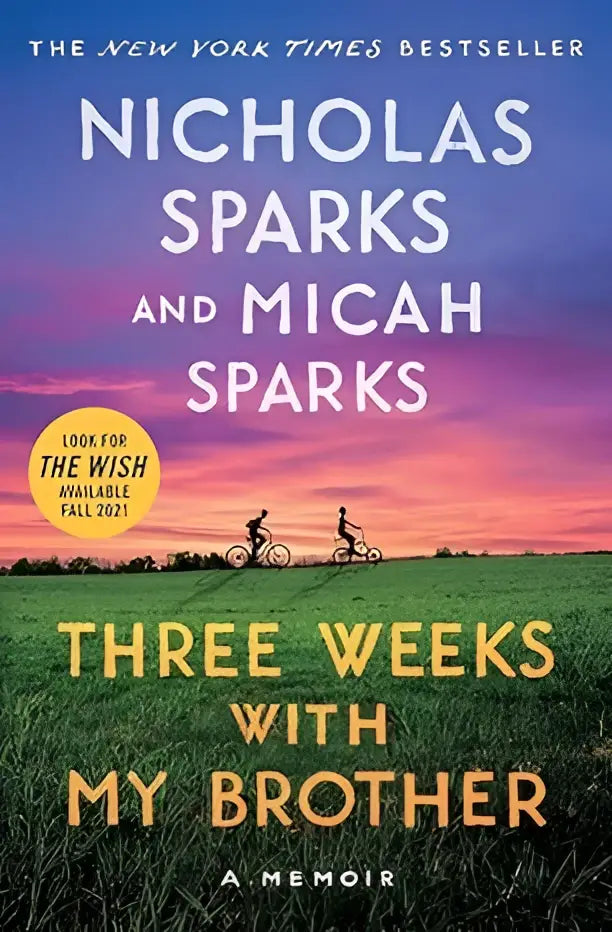 Boekcover drie weken met mijn broer van nicholas sparks en micah sparks tegen zonsondergang en fietsers