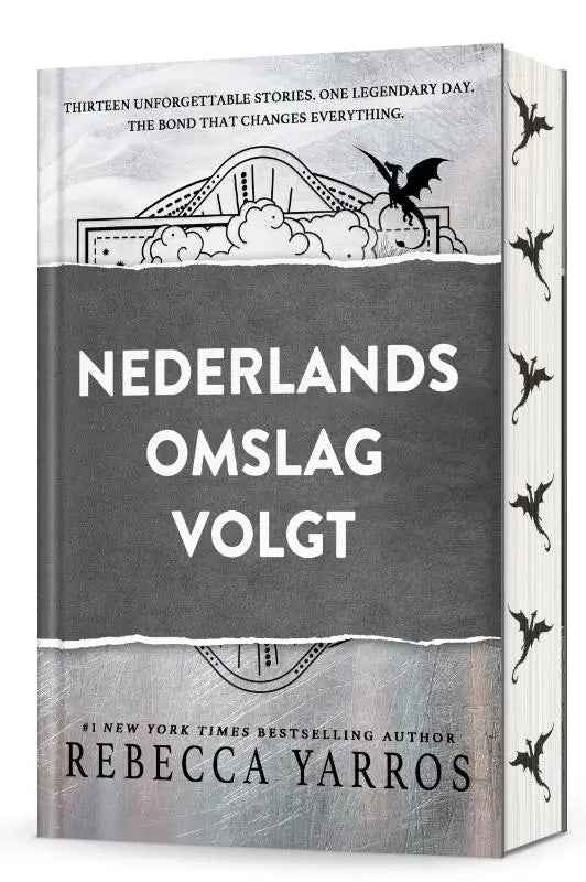 Zilvertextuur boekomslag met zwarte draakillustraties en de titel threshing day van rebecca yarros uit de fourth wing serie